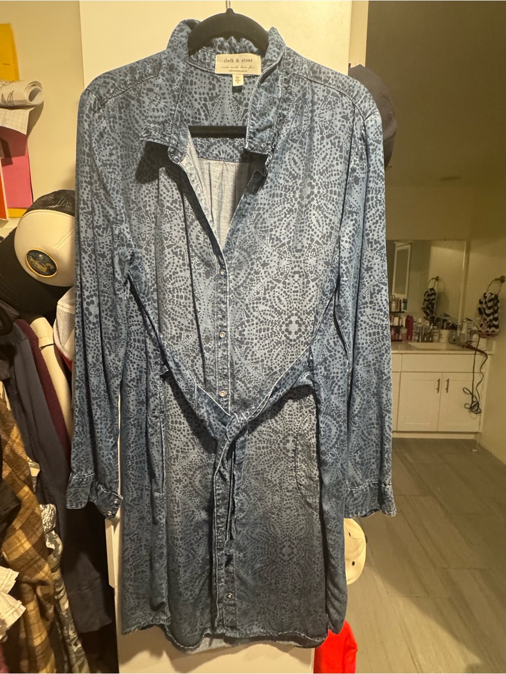 cloth & stone Blue Printed Long-Sleeve Tie-Waist Dress
